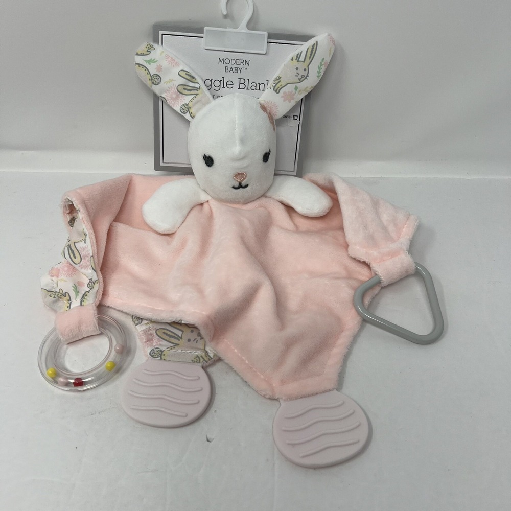 Modern Baby Security Blanket 12in Pink Bunny Rattle Teether Plush Lovey